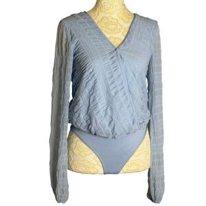 SO Mesh Puckered Bodysuit Shirt Top Blouse Wrap Sheer Blue S